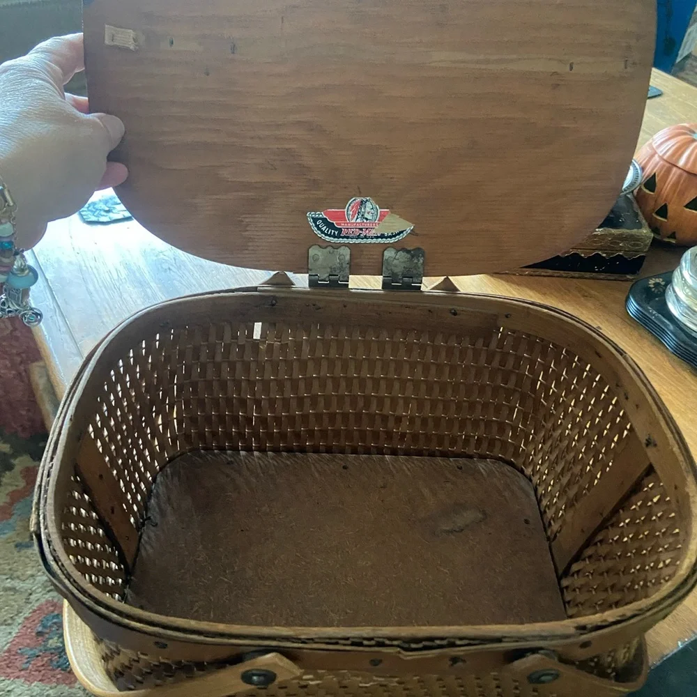 Vintage MCM Red Man Rattan Wicker Picnic Basket